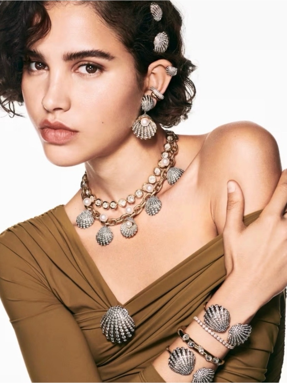 Pearl and Shell Statement Earrings Set in Silver and Gold